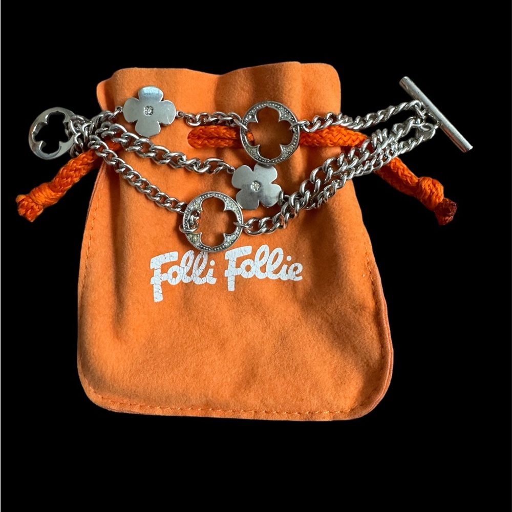 Folli Follie Designer Silver three strand bracelet heart4heart with toggle. - Picture 6 of 10